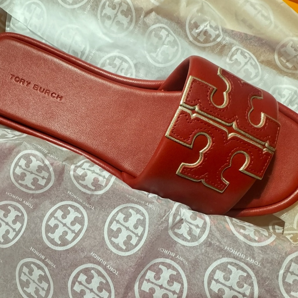 Tory Burch Double T Red Slide Sandals